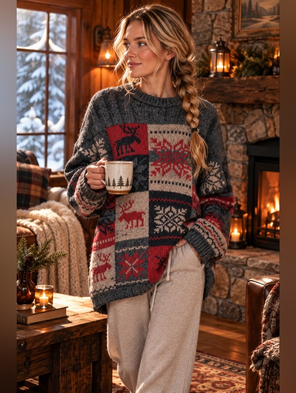 Cozy Wool Sweater with Reindeer And Snowflake Motif Design